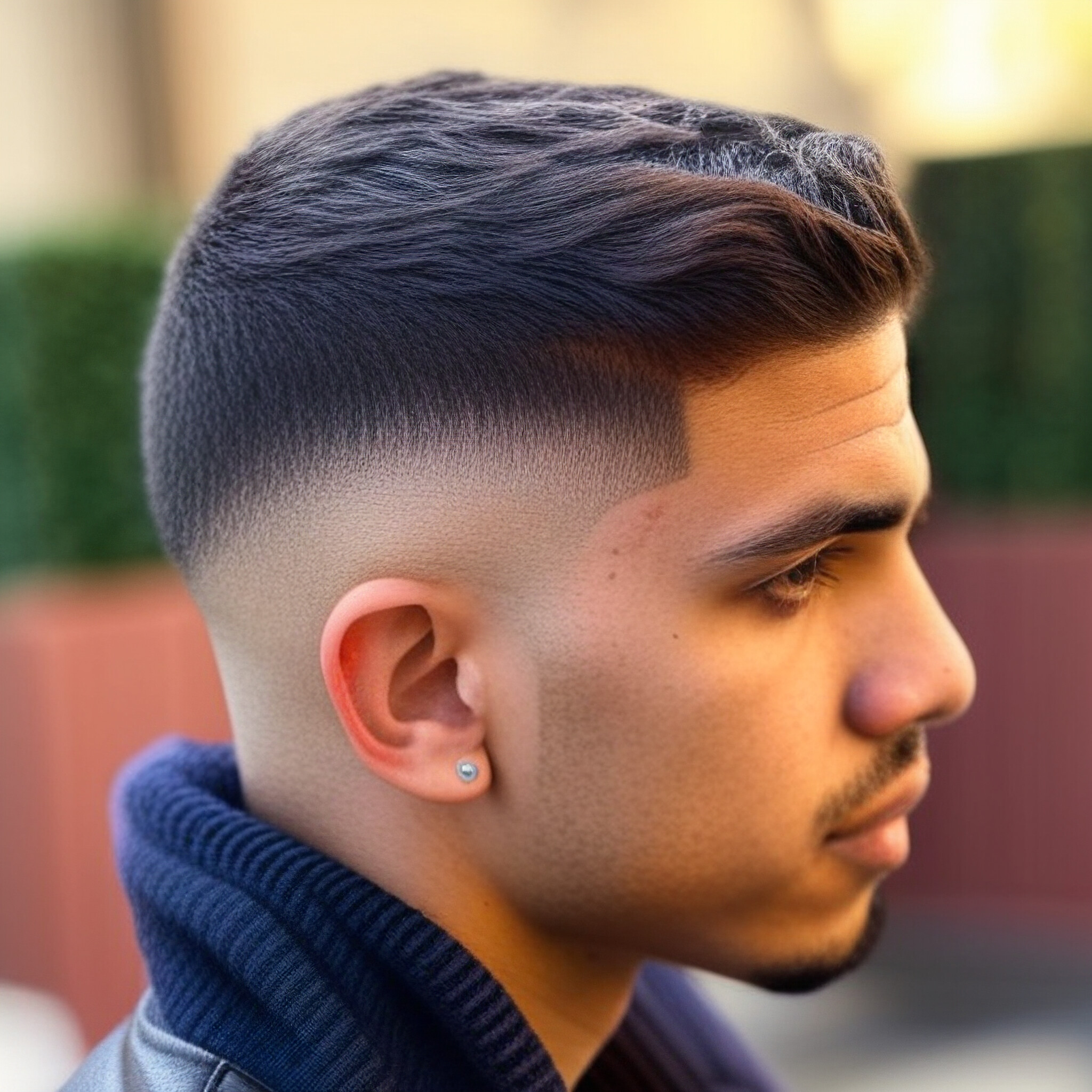 The textured top and faded sides create a visually appealing contrast in this low fade hairstyle.