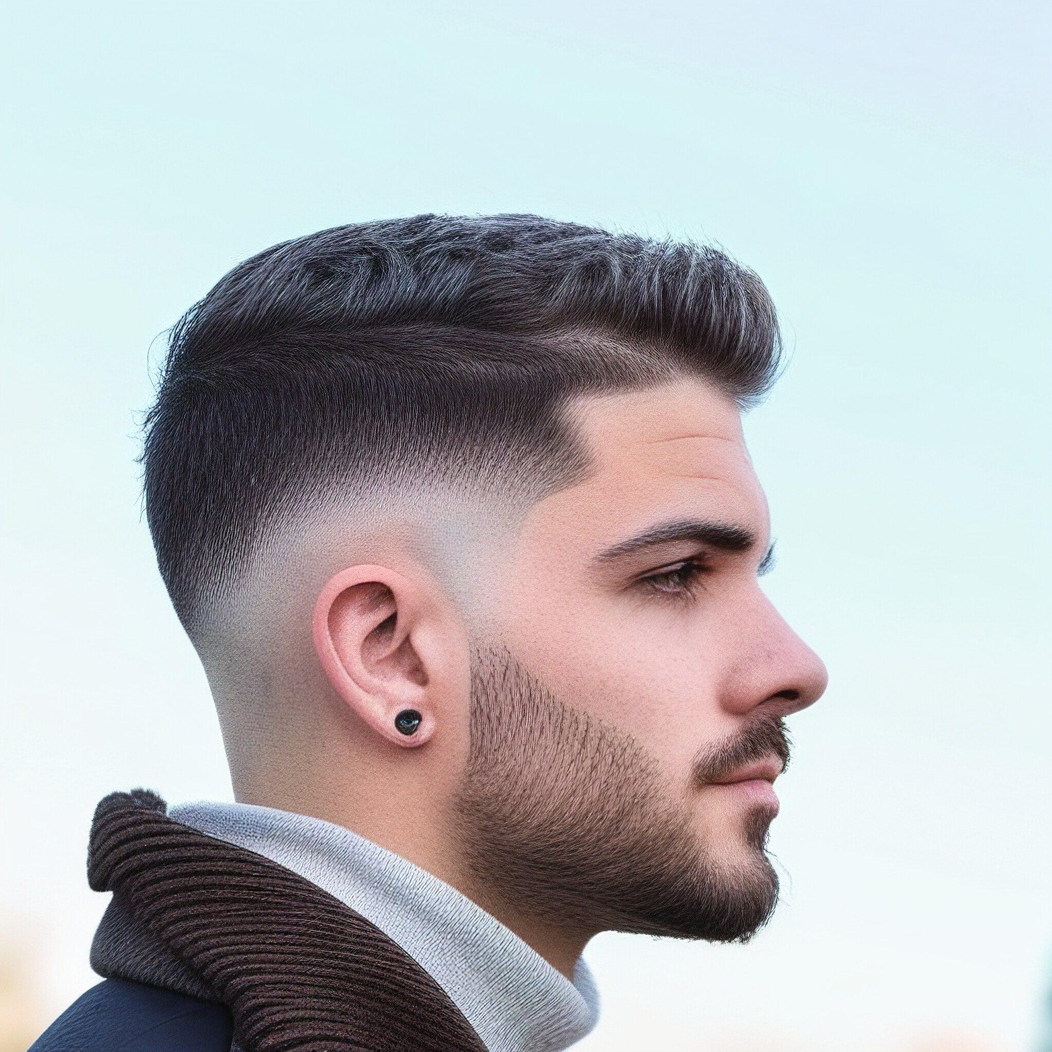 Get inspired by this stylish young man's contemporary haircut and beard style. Discover the latest trends in urban fashion with our advertisement.