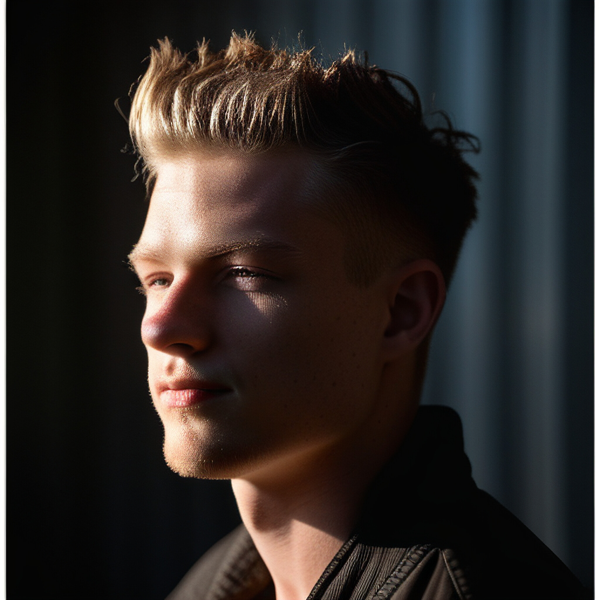 A sleek and modern low fade hairstyle takes center stage in this close-up portrait. The spiky texture on top adds depth and visual interest, while the seamless blend of short sides and back creates a clean and contemporary look. Notice the attention to detail in the styling, from the subtle layering to the defined edges.