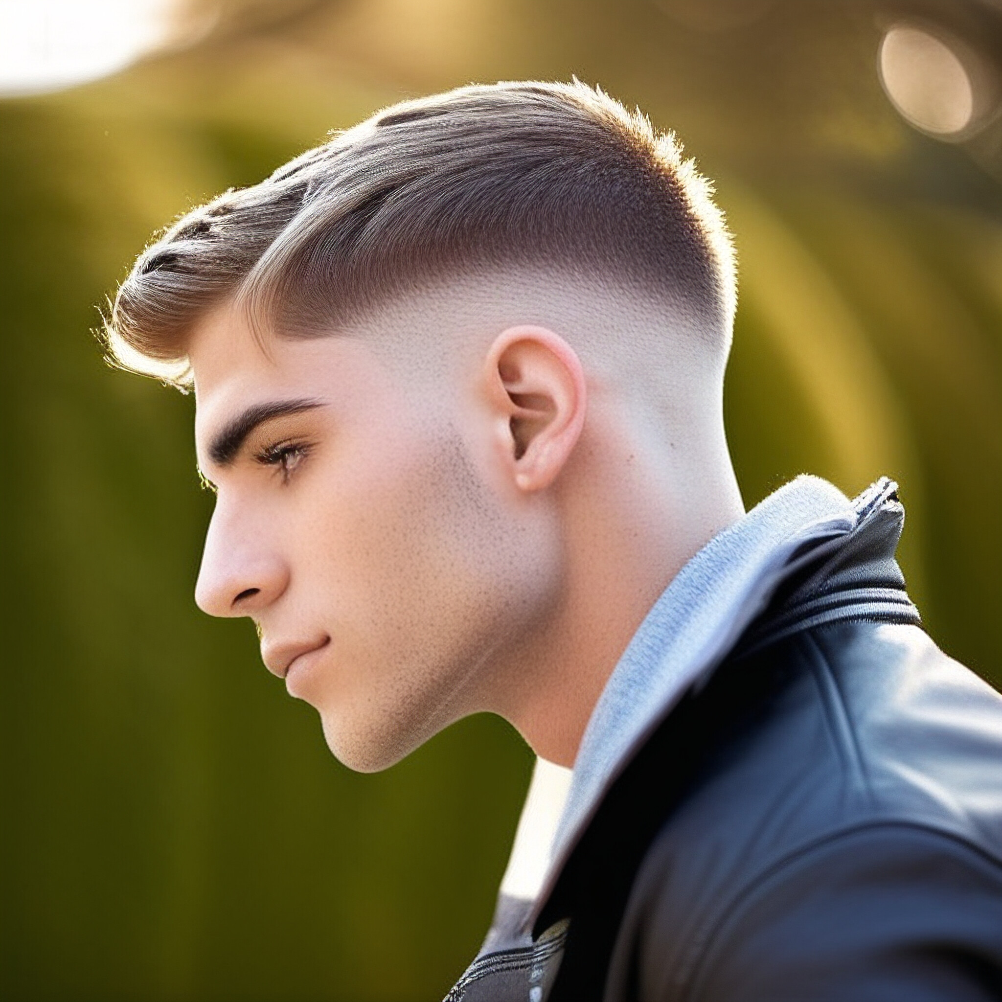 Get inspired by this stylish low fade haircut, featuring a short top layer and longer sides that create a seamless transition from hair to skin. This versatile style can be dressed up or down and is perfect for anyone looking for a modern, effortless look.