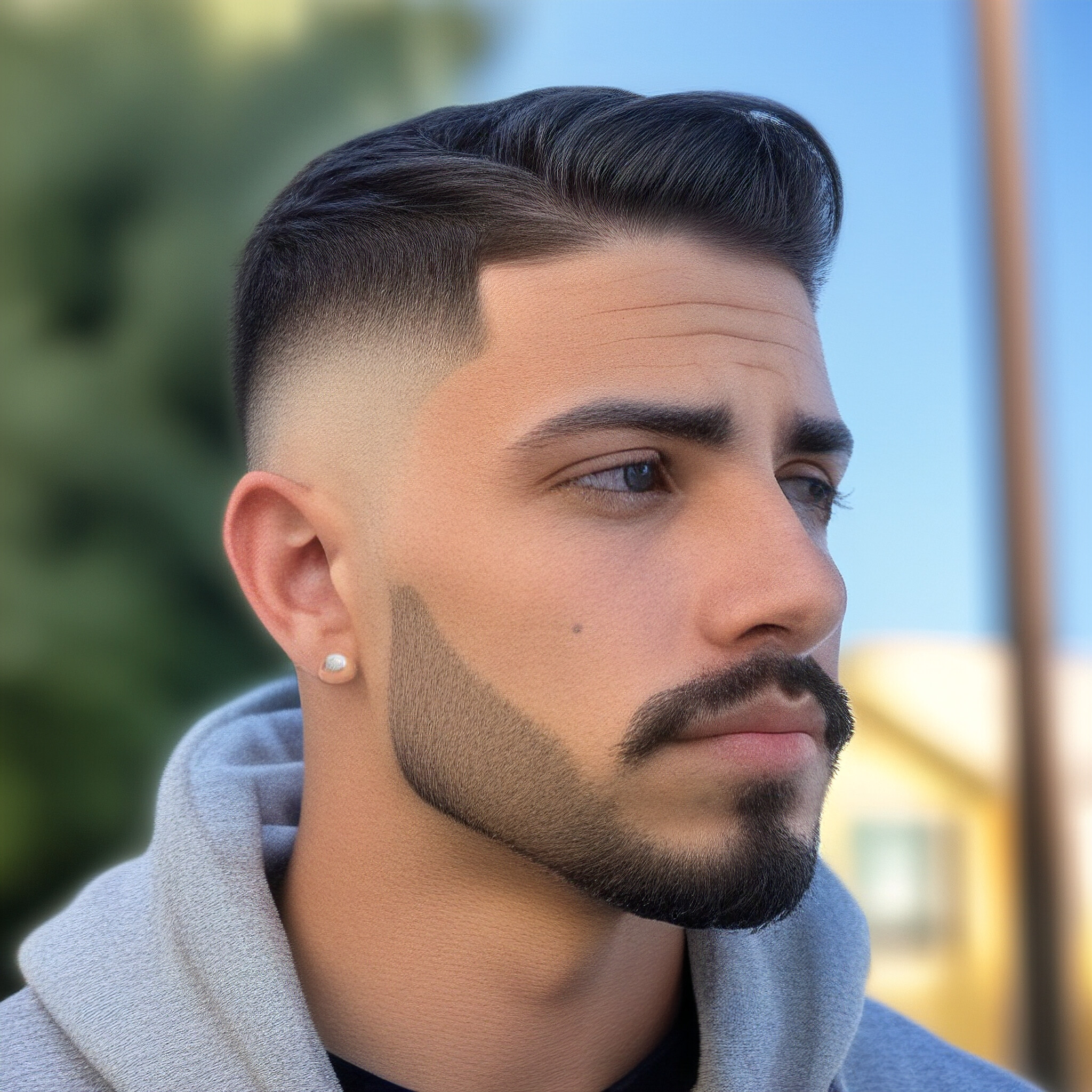 A unique take on modern men's hairstyles, featuring a high fade and textured locks.