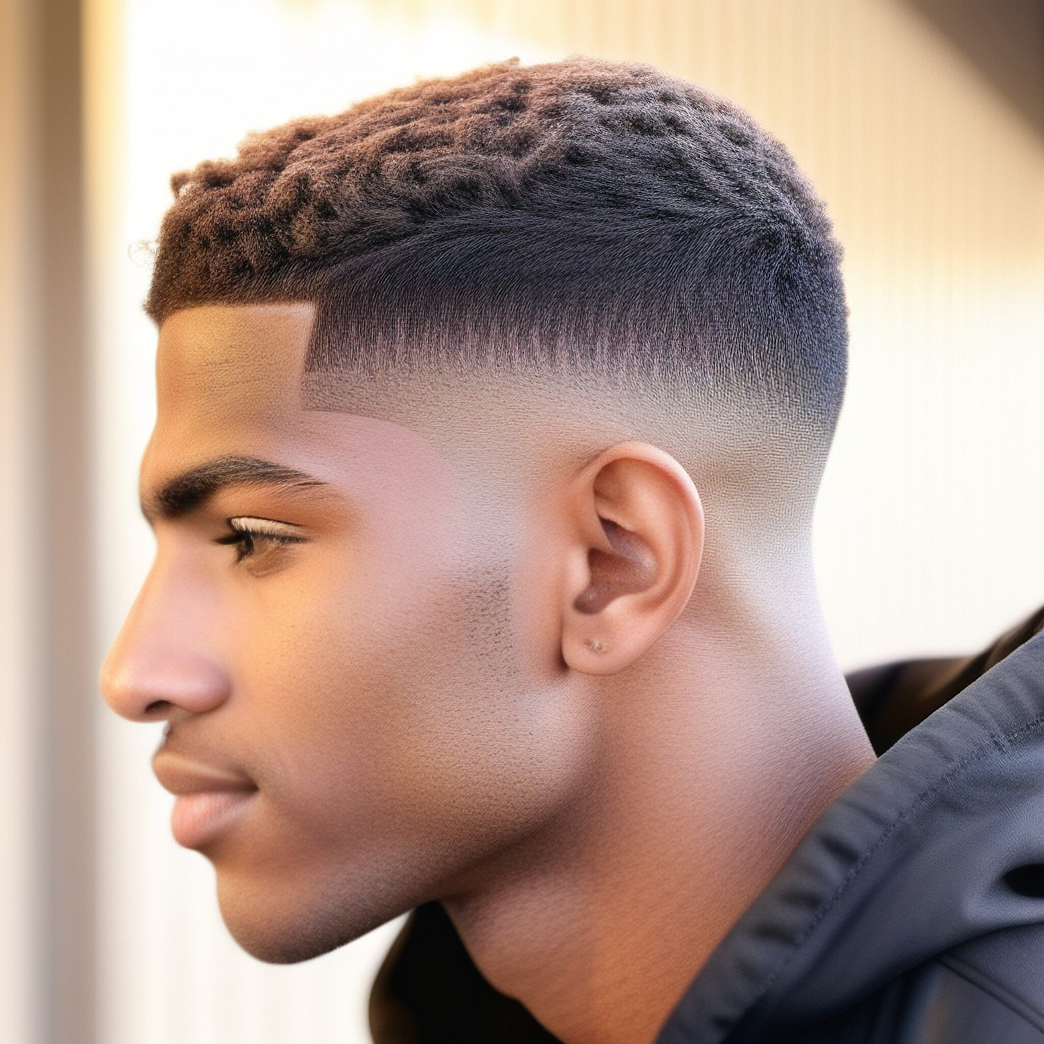 A low fade with natural curls offers a modern twist on a classic cut. The smooth transition from the voluminous, textured top to the closely faded sides creates a fresh and contemporary look. Sharp edges and a defined hairline elevate the style, making it ideal for men seeking a combination of texture and sleekness in their everyday look.