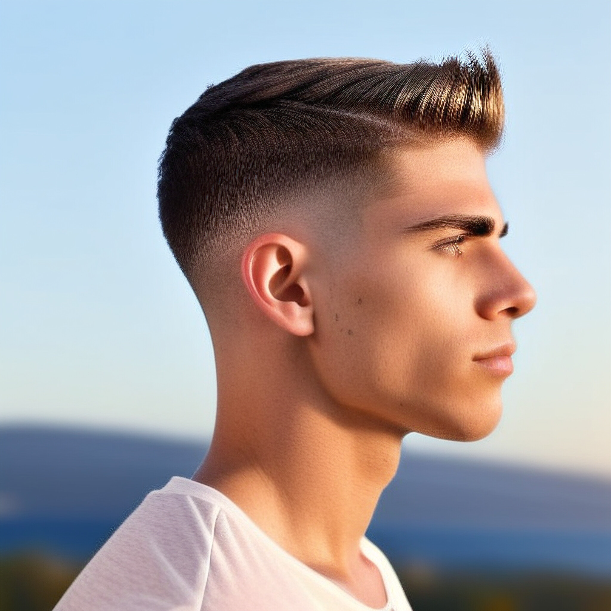 Experience the sleek, modern look of a low fade haircut in this close-up photograph. The textured top layer and seamless fade towards the sides and back create a stylish, put-together appearance that's perfect for everyday wear. Whether you're looking for inspiration or simply want to appreciate the artistry of hairstyling, take a closer look at this captivating image.