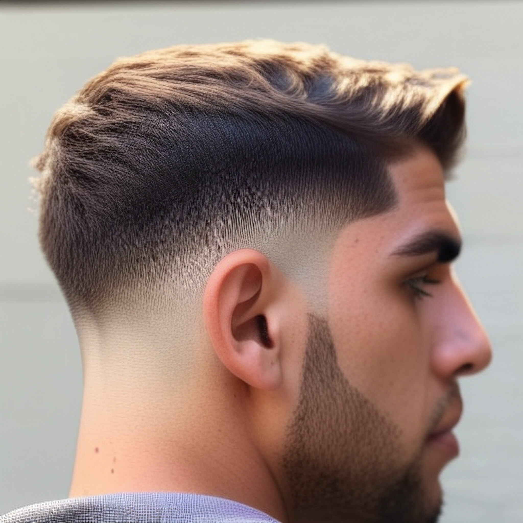 This stunning portrait showcases a masterfully crafted low fade hairstyle. The gradual transition from longer hair on top to shorter hair in the fading area creates a sleek and sophisticated look that accentuates the subject's features. Notice how the barber or stylist has carefully maintained clean lines and even fading, giving the impression of precision and attention to detail. This image is sure to inspire anyone looking for a fresh new 'do.