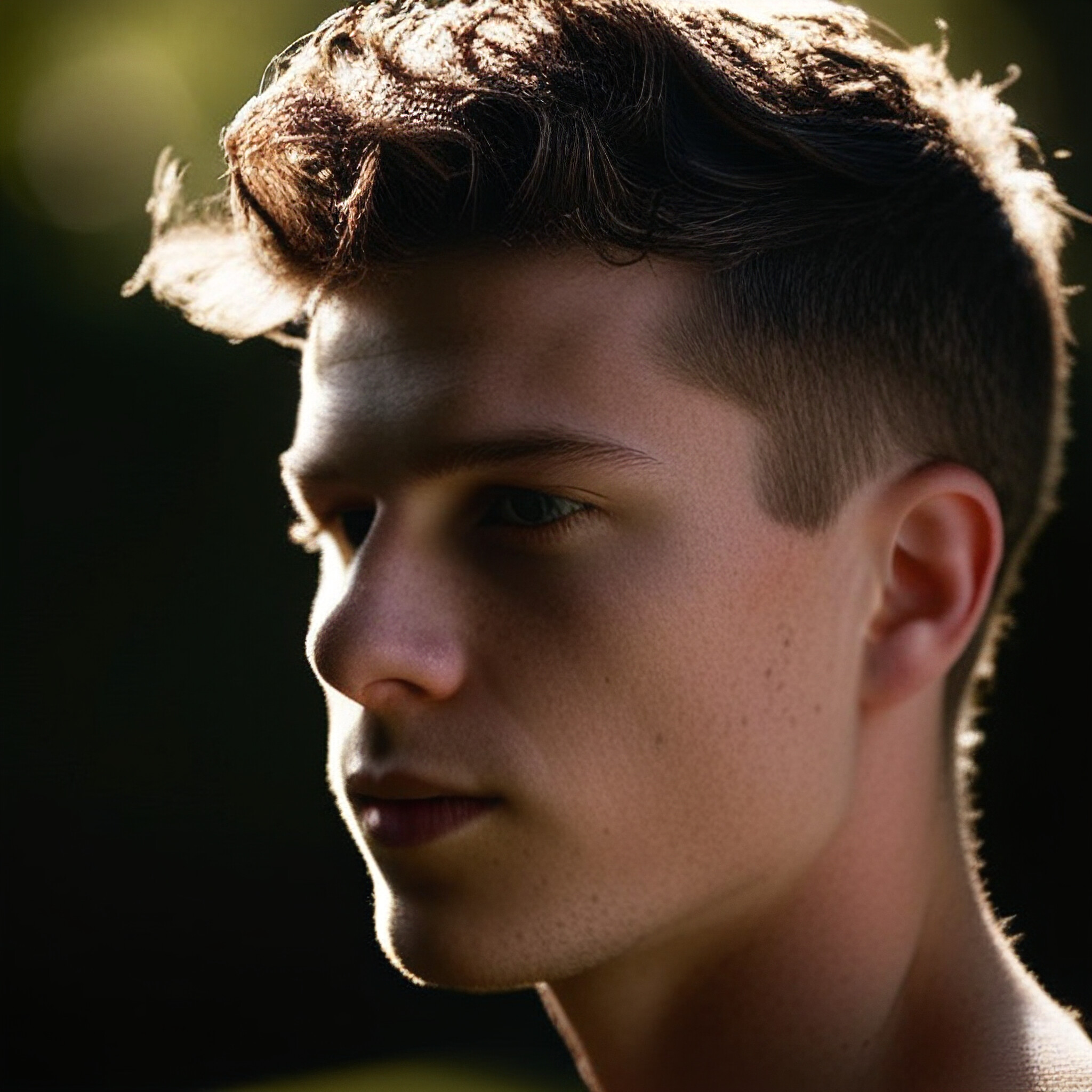 This image showcases a beautifully styled low fade haircut, where the hair on the sides and back is cut close to the head, creating a seamless transition into longer locks at the top. The result is an effortlessly stylish look that adds character to any outfit.