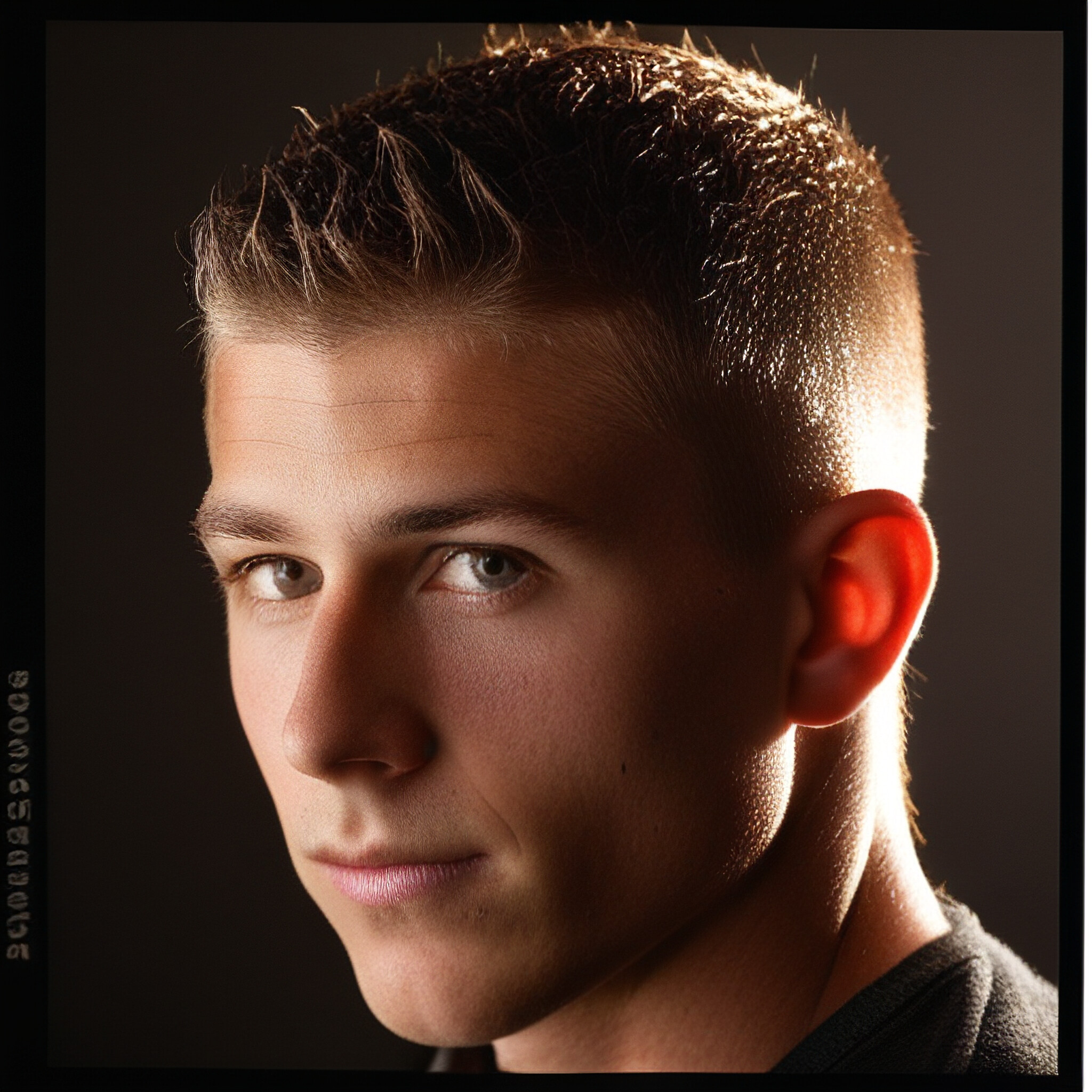 Short hair, big personality! This young man's confidence and attitude shine through in his bold hairstyle.