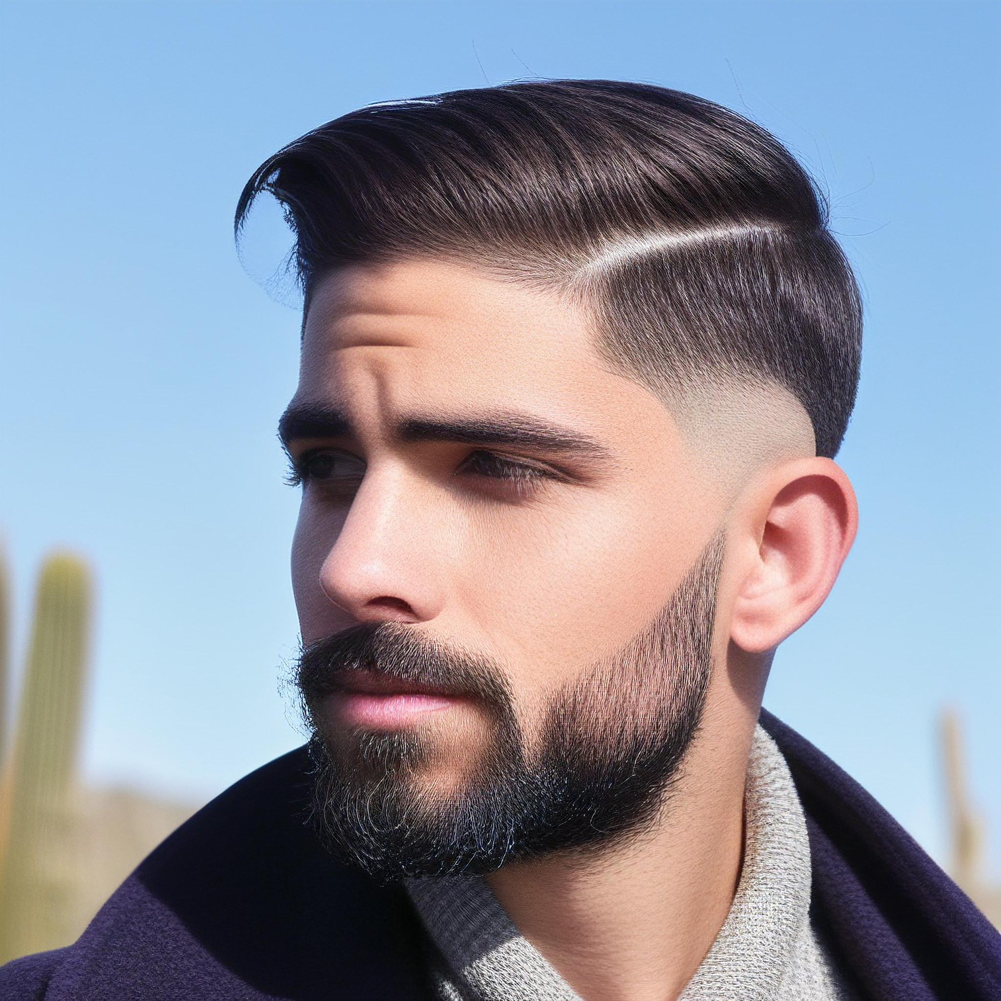 Get inspired by the stylish young man in our latest advertisement, where contemporary style meets urban flair. From his sleek haircut to his trendy beard and statement clothing, this image showcases the perfect blend of fashion-forward trends.