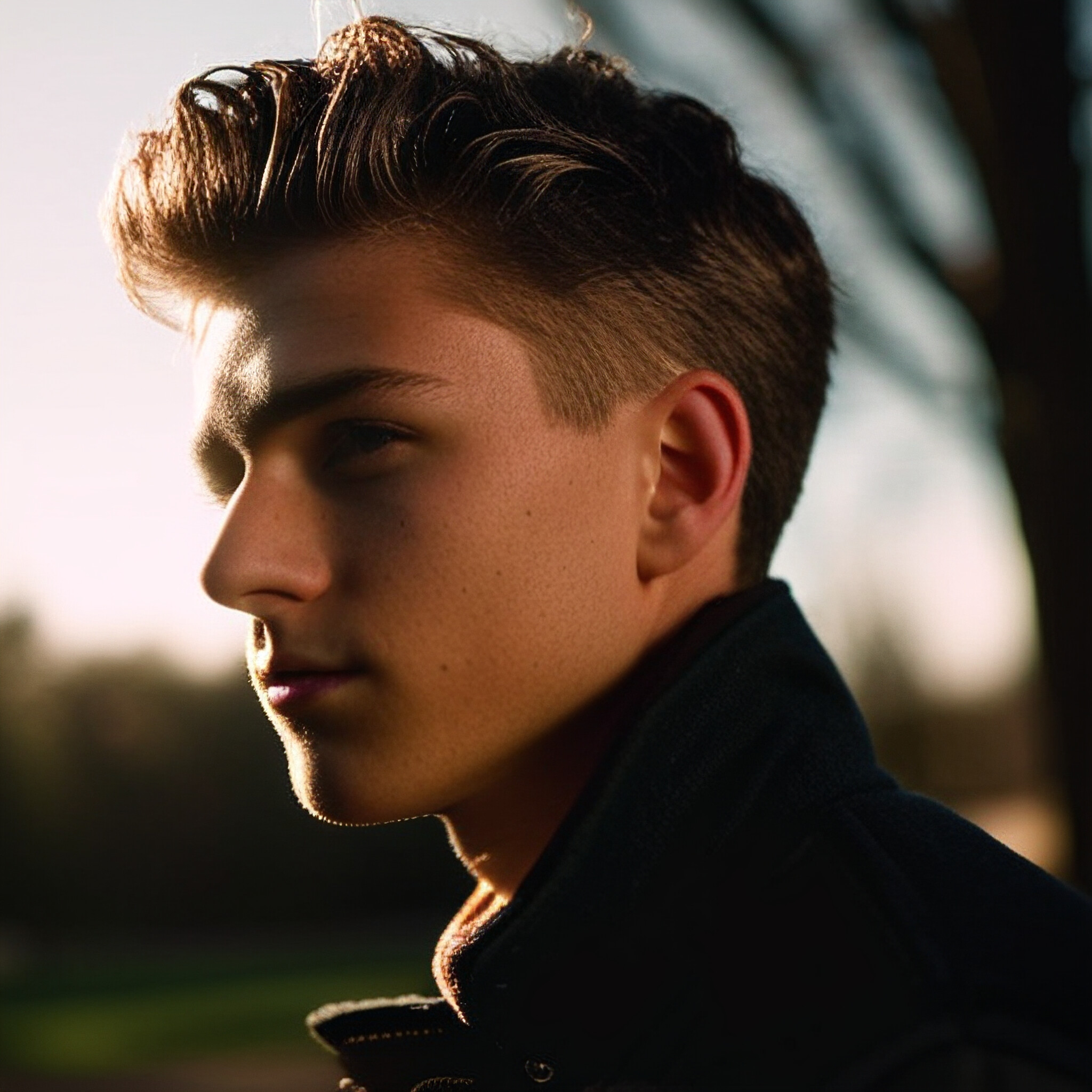 A close-up portrait showcasing a young man's stylish haircut, featuring short hair with a neatly trimmed beard.