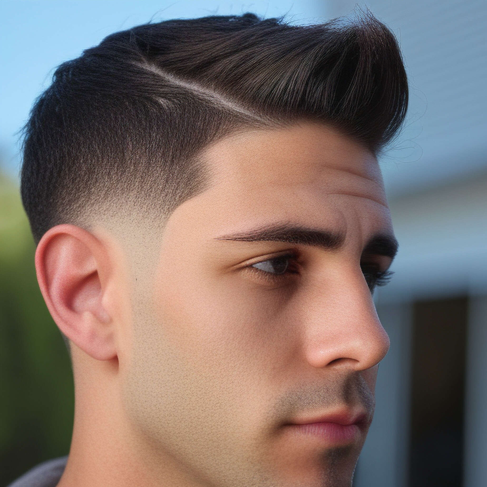 A close-up look at a modern high fade haircut with textured, piecey locks on top.