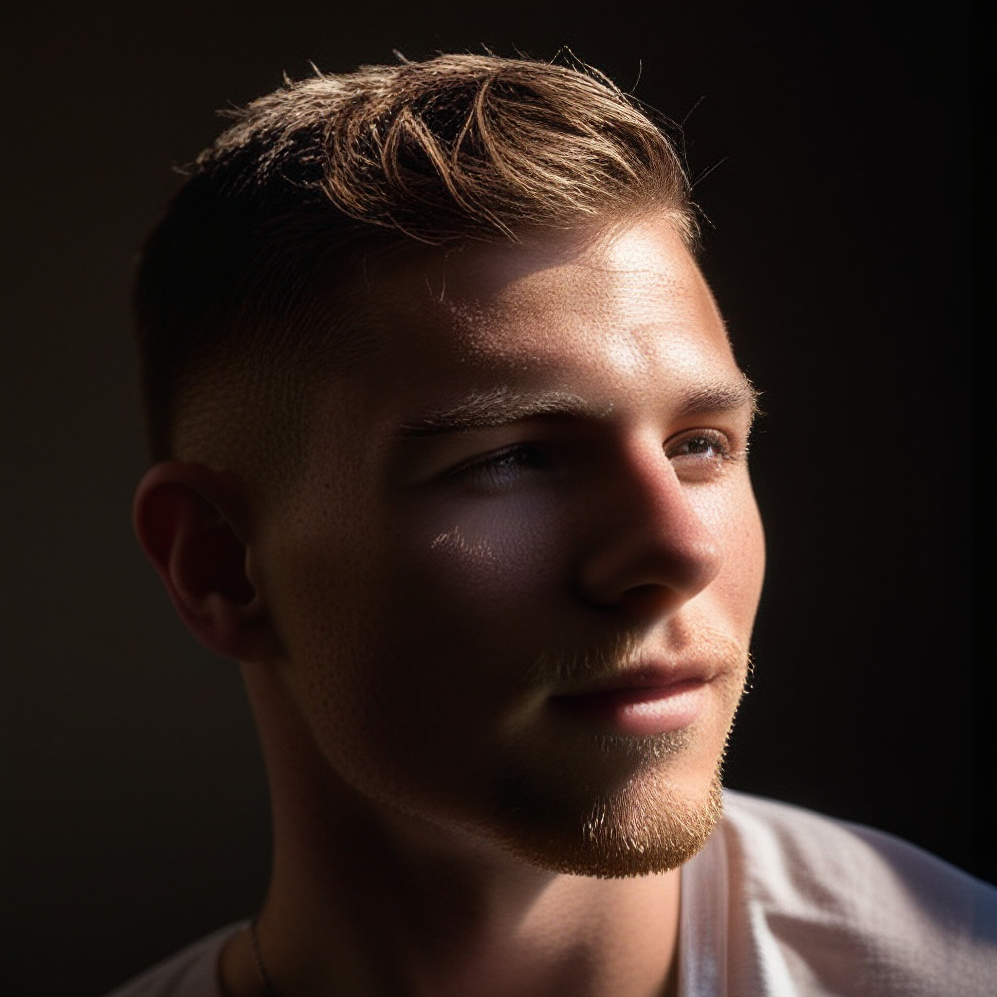 Get a closer look at this stylish low fade haircut. The seamless blend of short hair on the sides and back with longer, spiky top section creates a sleek and contemporary look that's perfect for modern men. Notice the subtle layers and texture in the hair, which add depth and visual interest to the overall style.