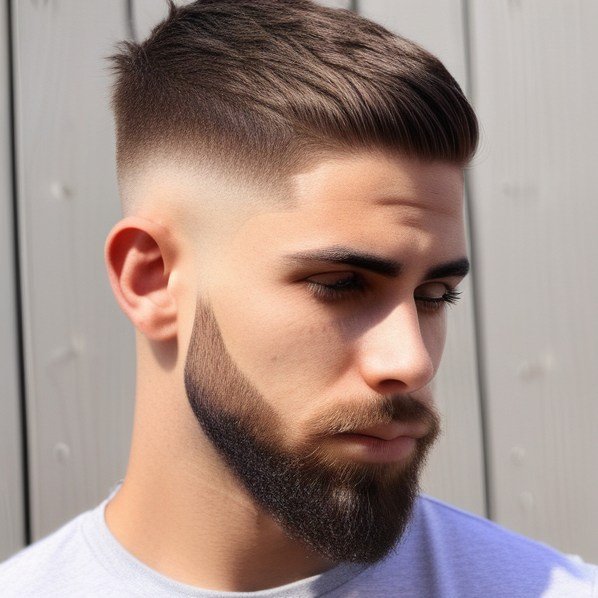 This close-up shot captures the essence of a low fade hairstyle, showcasing a buzzed top that seamlessly transitions into longer hair at the back and sides. The style begins just above the ear, creating a smooth gradient that highlights the natural dark color of the hair. With a matte texture, the hair reflects a sophisticated depth, while the longer sections flowing past the shoulders offer a modern twist. Perfect for those seeking a low-maintenance yet stylish look, this hairstyle epitomizes versatility and contemporary flair.