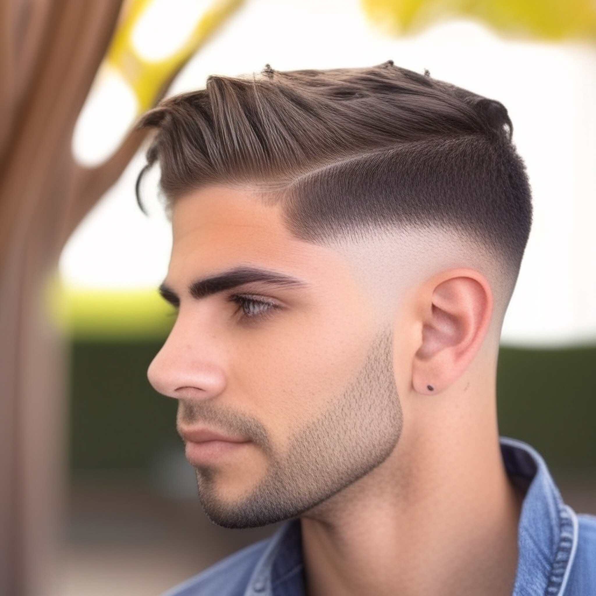 Take inspiration from this stylish young man, who rocks a perfectly cut low fade haircut. The seamless transition between the shaved top and the longer hair on the back and sides creates a modern and polished look that's perfect for anyone looking to update their hairstyle.The use of a gray t-shirt adds a casual touch to the image, while the blurred background helps draw attention to the man's stylish haircut. Whether you're looking for a new hairstyle or just want to refresh your look, this low fade style is definitely worth considering.