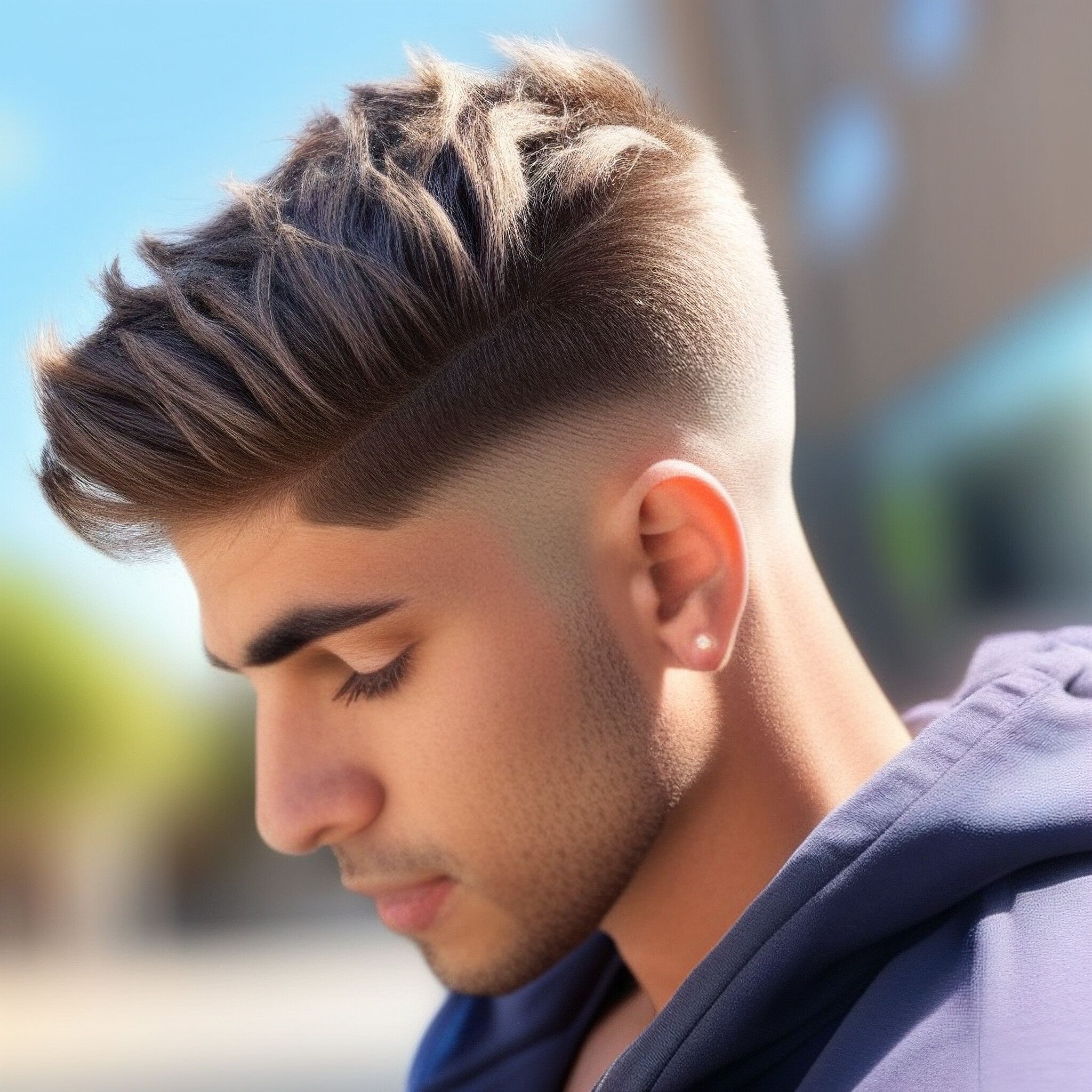 This striking hairstyle combines a short, buzzed top with a seamless fade into long, flowing hair at the back and sides. With dark, natural hair and a matte-textured finish, the look is urban and low-maintenance, giving a nod to traditional barber shop styles while standing out with modern flair.