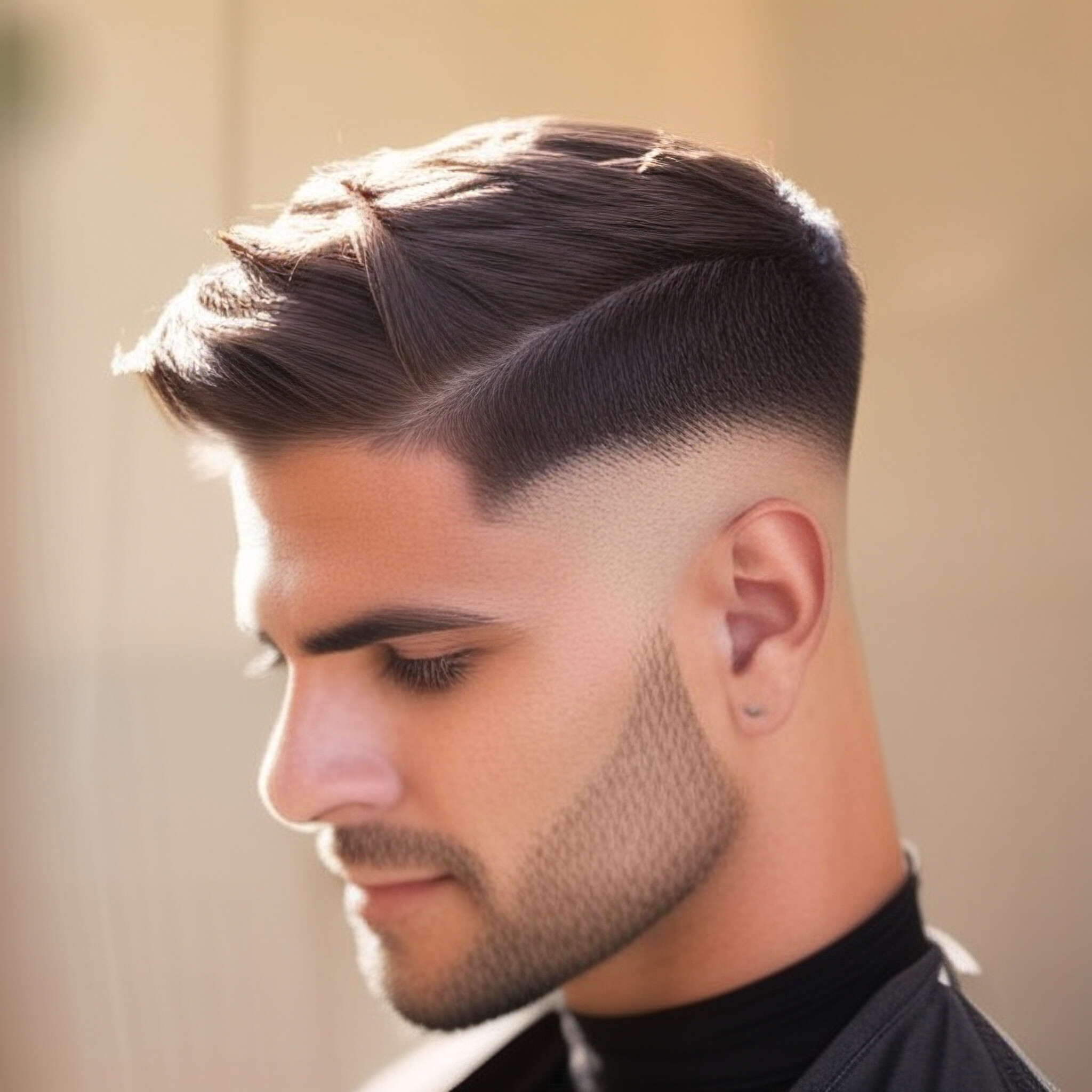 Meet the epitome of contemporary style, captured in a single, stunning image. The subject's sleek, low fade haircut is the focal point of this photograph, showcasing a perfect blend of modernity and classic barbering techniques. With its sharp, defined lines and subtle nuances, the hairstyle exudes confidence and sophistication, making it impossible not to notice. Whether you're looking for inspiration or simply want to appreciate the artistry behind great hair, this image is sure to captivate.