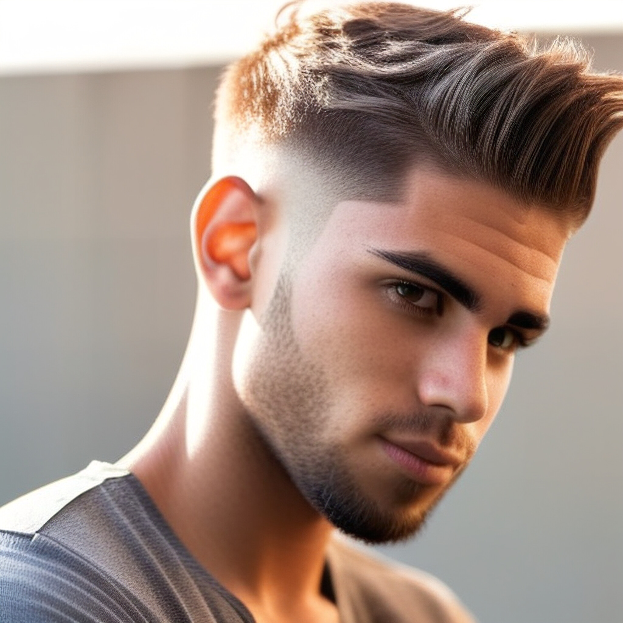 Experience the sleekness and sophistication of a perfectly styled low fade haircut. This young man's hair is a masterclass in texture and design, with the subtle contrast between the short sides and longer top adding depth to his overall look. The low fade style is perfect for men looking to update their grooming routine and achieve a stylish, modern look.