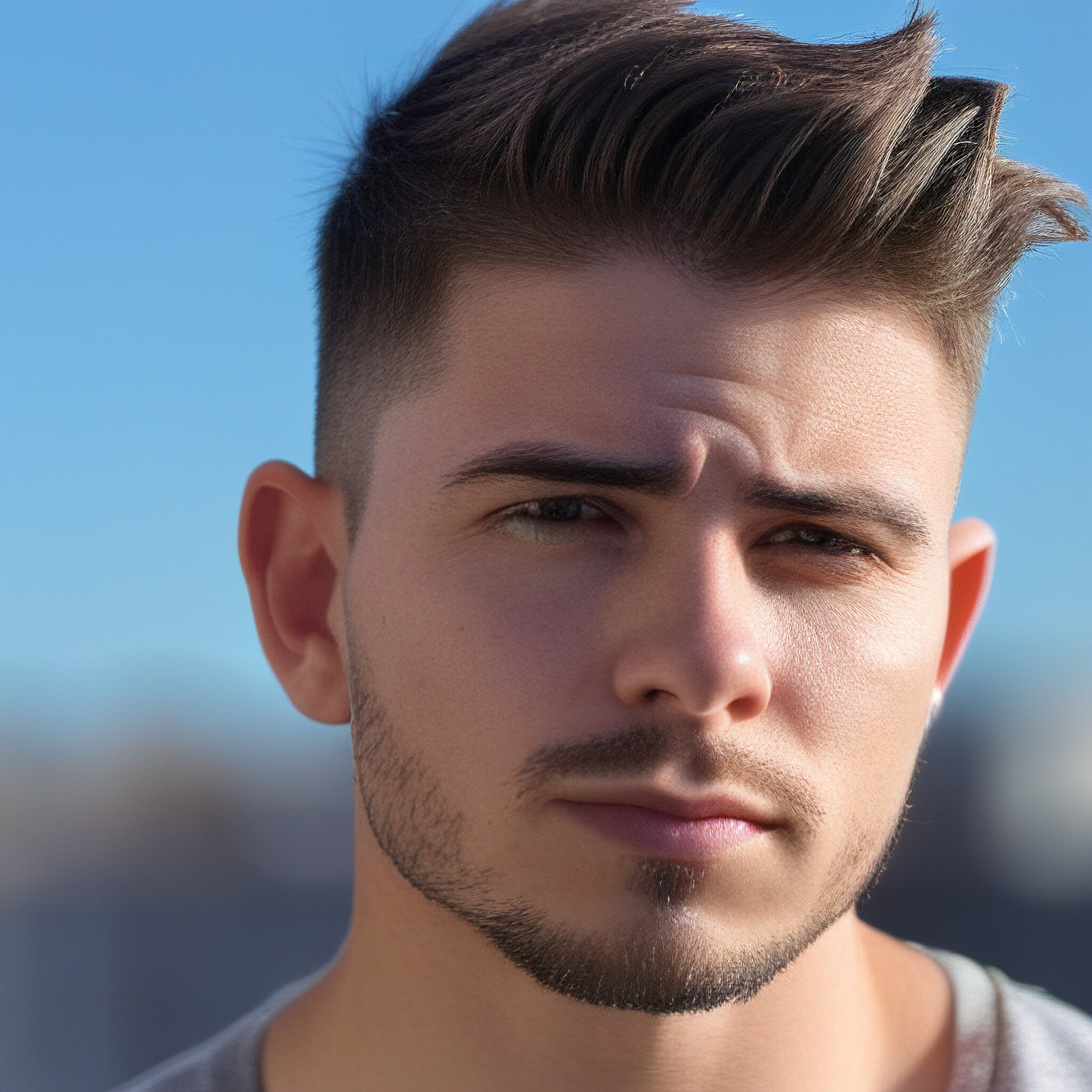 Get inspired by this stylish high fade haircut with textured and piecey hair on top.