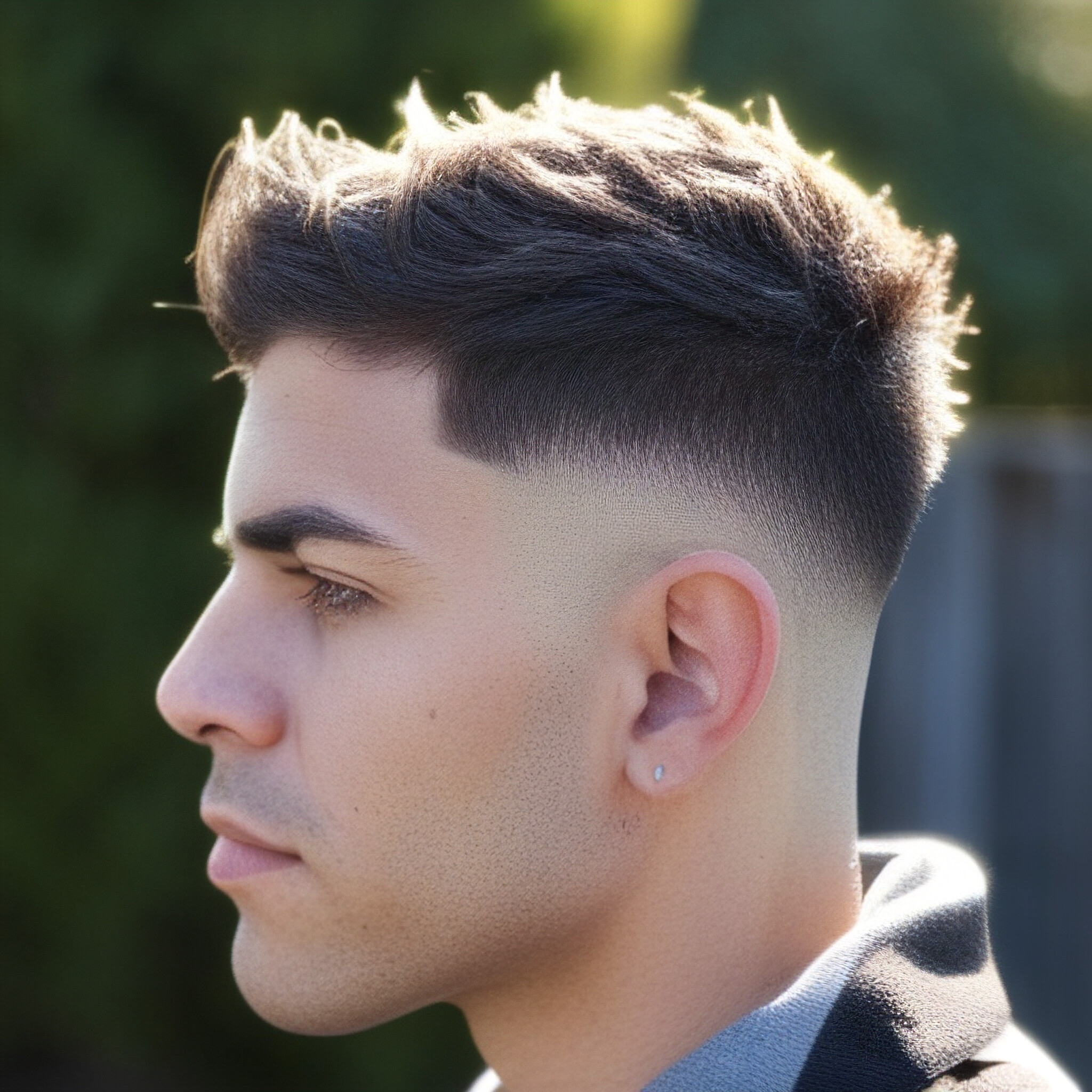 A unique take on modern men's hairstyles, featuring a high fade and textured locks.