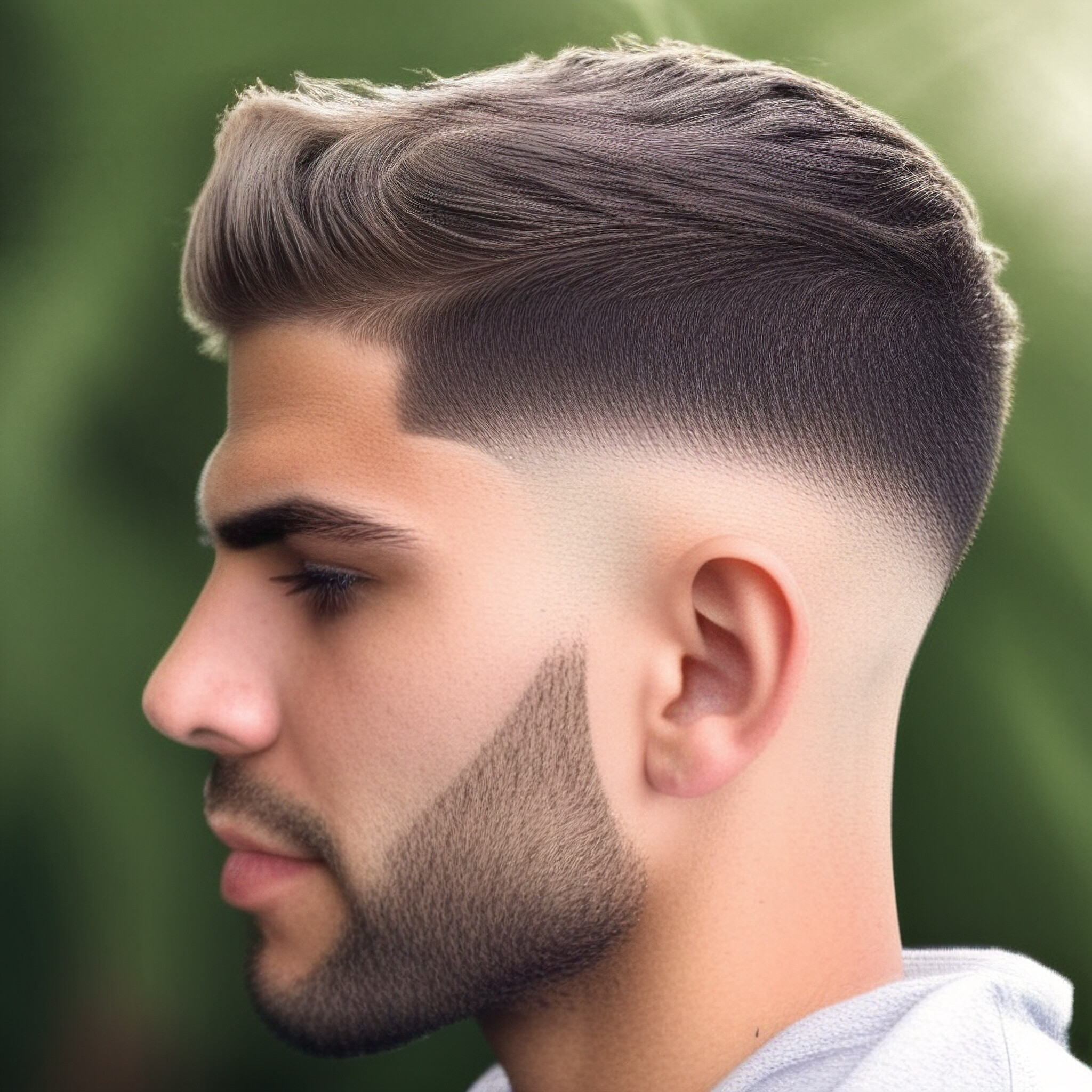 Designed for men seeking a sharp yet laid-back style, this low fade cut pairs a voluminous, combed-back top with flawlessly blended sides. The precise fade starts just above the ears, creating a smooth transition to the longer hair on top. The perfectly defined edges enhance the clean look, while the beard fade completes the modern, polished finish.