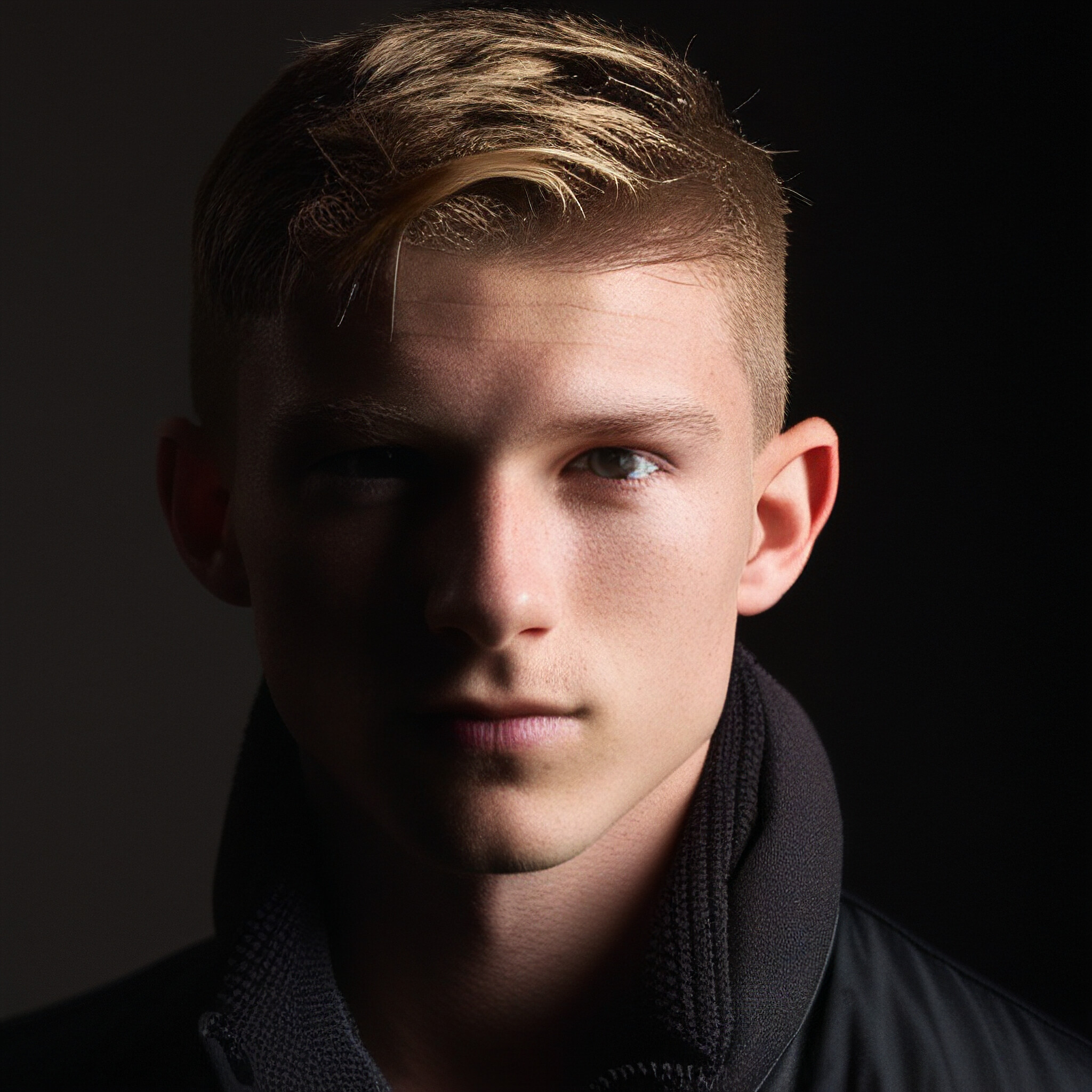 This close-up portrait showcases a young man's striking low fade hairstyle. The short hair on top adds texture and depth to his features, while the faded sides and back create a seamless transition from hair to skin. The overall effect is one of clean lines, modern sophistication, and effortless style.