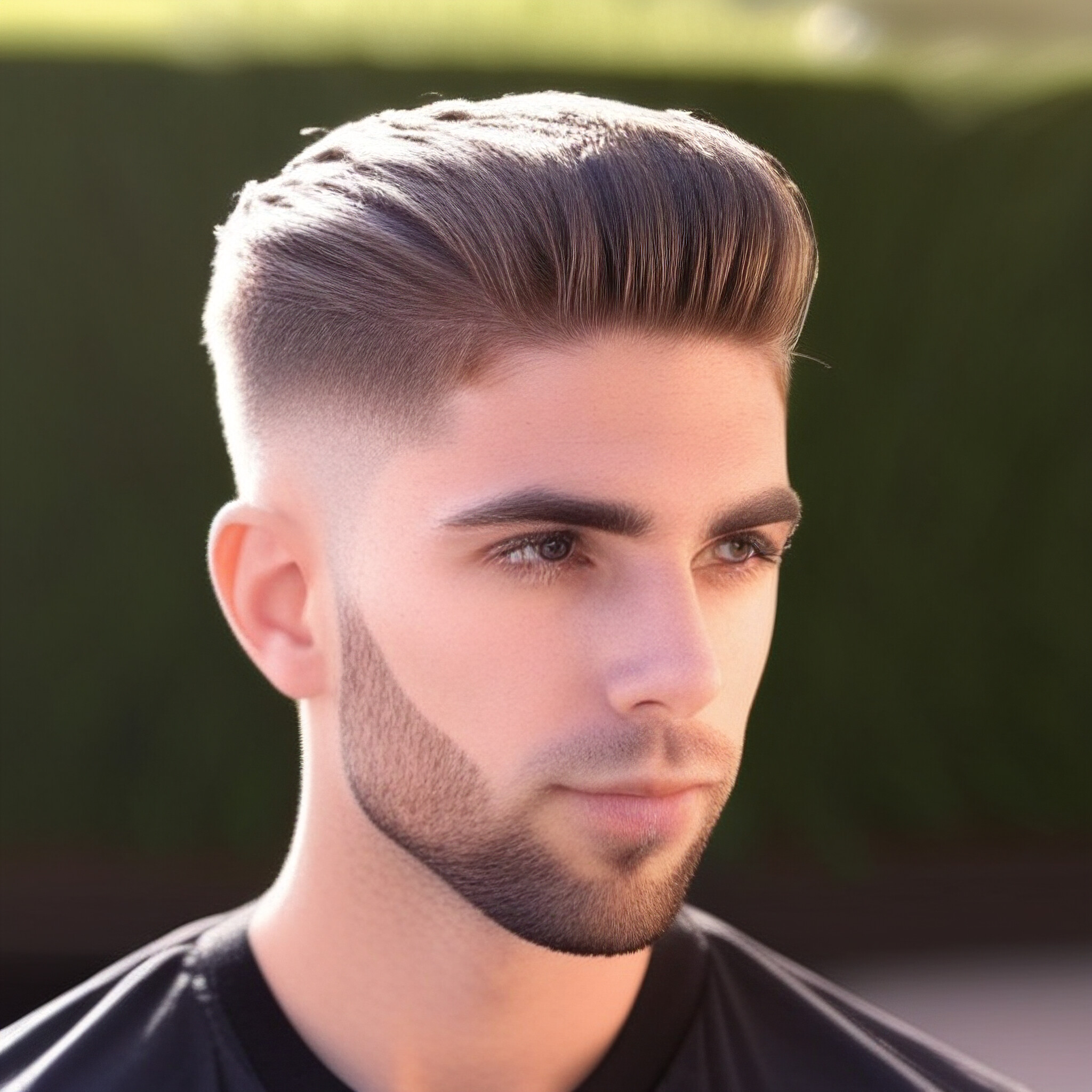 Featuring a bold, voluminous top and a clean low fade, this haircut strikes the perfect blend of sophistication and edge. The low fade starts above the ears, gradually tapering into the nape for a sleek, modern finish. Sharp lines along the hairline and beard enhance the crisp, polished look, while the combed-back top adds volume and flair. Perfect for those seeking a refined yet bold appearance.